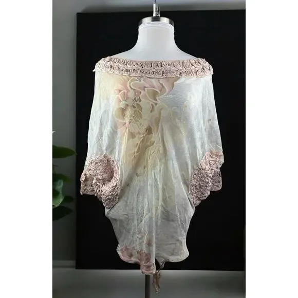 Emamo Silk Floral Sheer Tunic Blouse M Coquette Cottage Romantic Peasant Boho - Picture 16 of 16